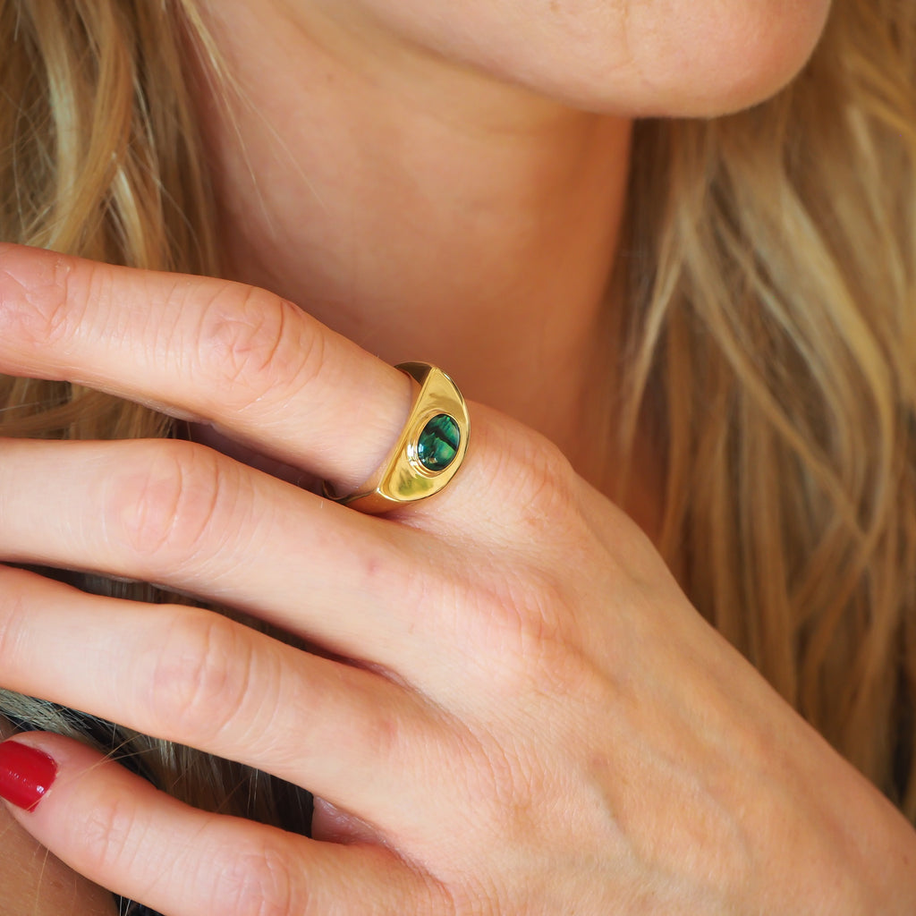 Gold plated signet ring with green abalone