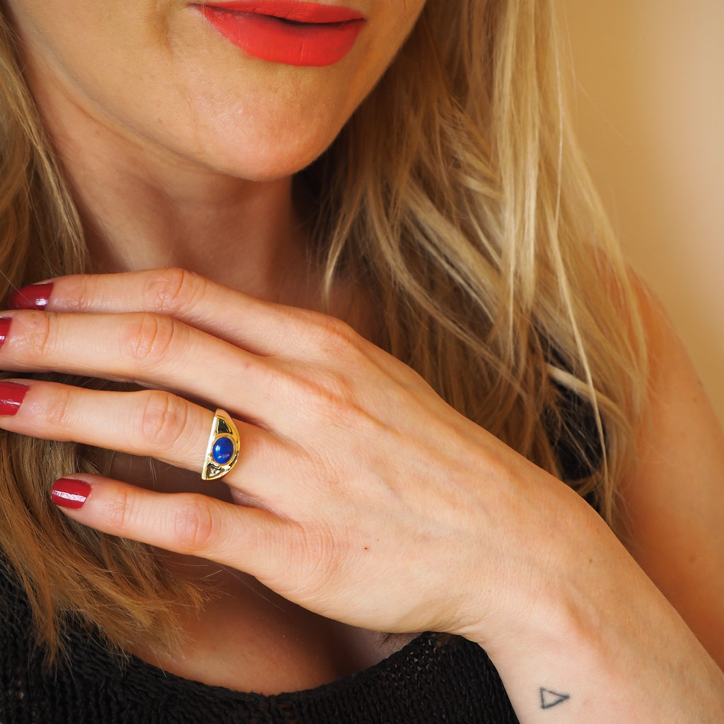 Gold Plated semi circle signet with lapis lazuli