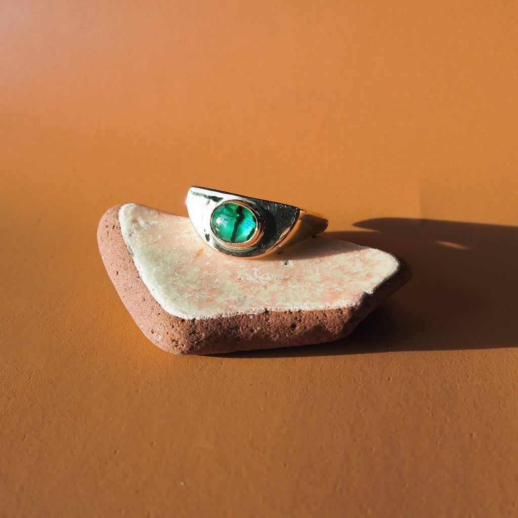 Gold plated signet ring with green abalone