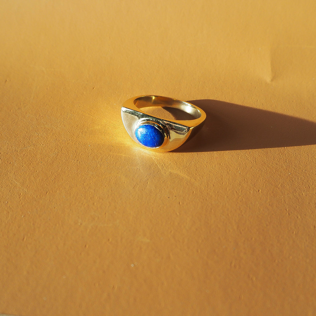 Gold Plated semi circle signet with lapis lazuli